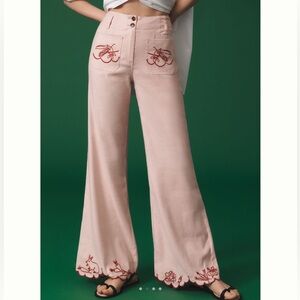 🥬🐇NWOT Anthropologie Maeve Junie Embroidered High-Rise Flare Pants 29 Bunny